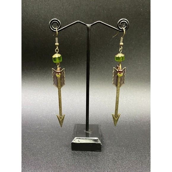 Steampunk Arrow & Green Glass Earrings by Neanie-Bot Handmade Jewelry Creations - Picture 2 of 2